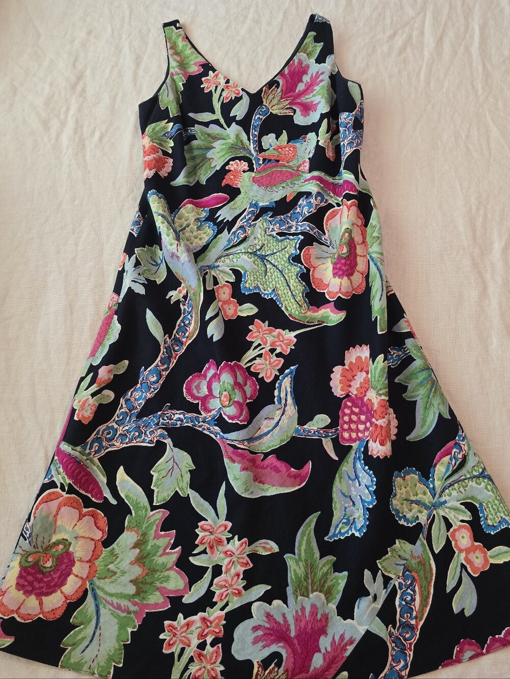 Ralph Lauren Black Dress Linen with Pink, Green & Blue Floral Print